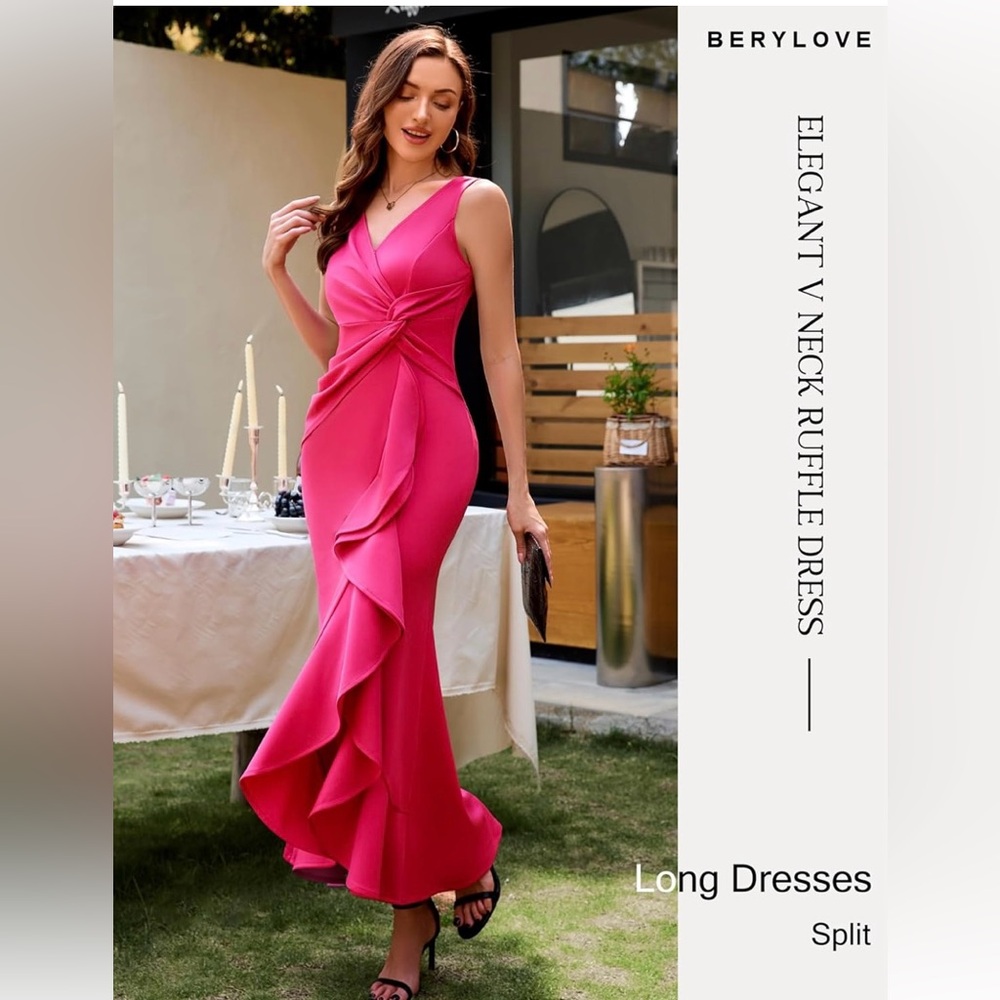 BERYLOVE Pink V-Neck Ruffle Maxi Dress